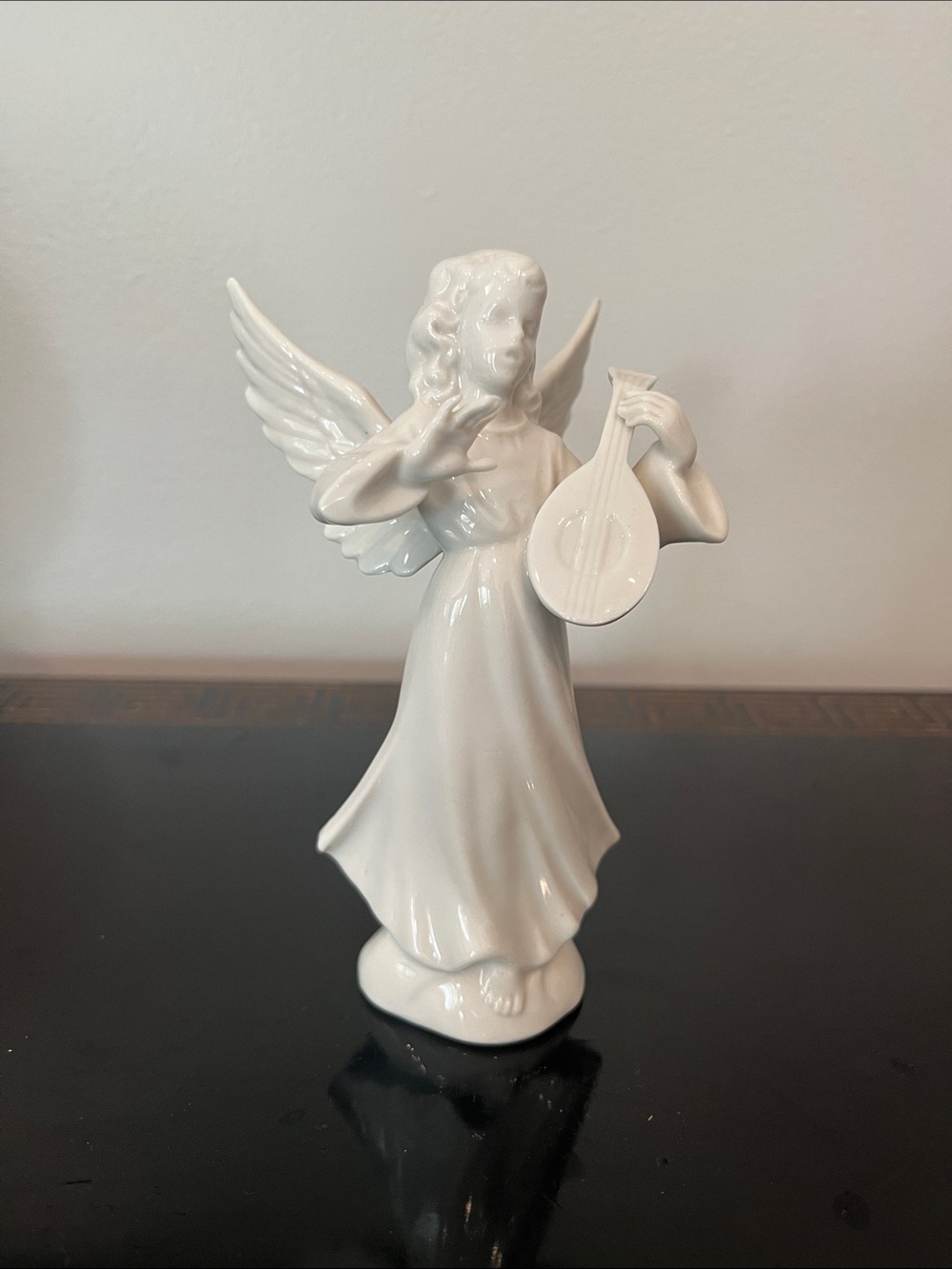 Dresden Porcelain White Porcelain Angel Figurine Playing Lute, 5.5” high